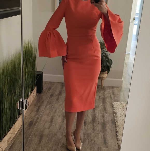 Roksanda MARGOT Crepe Dress Bell Sleeves Fitted Coral Pink size 10 (fits us 6) - Picture 9 of 10